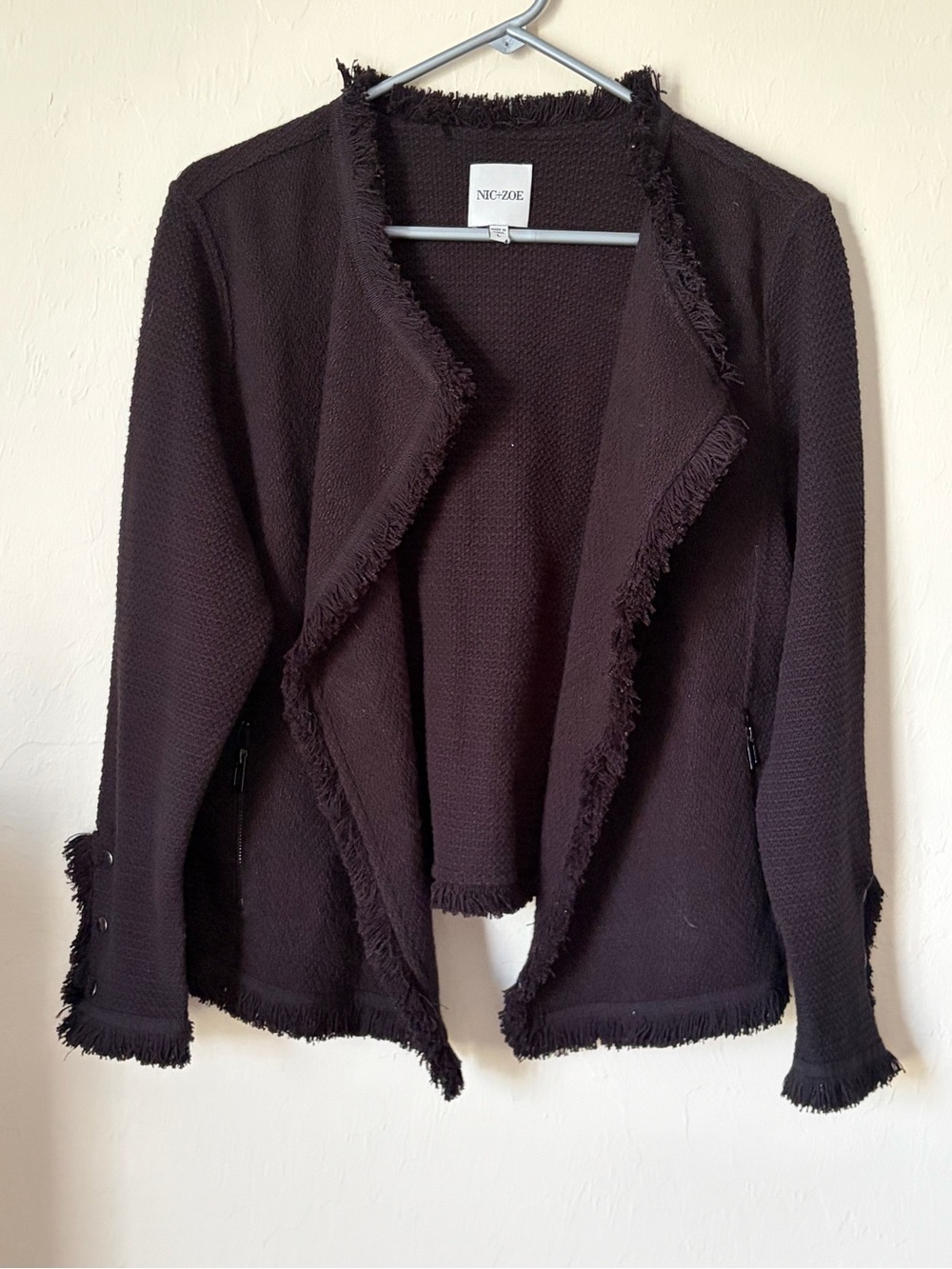 NIC+ZOE Black Fringed Open-Front Cardigan